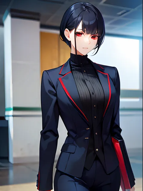 1girl, short black hair, blue suit, red eyes, standing on ground, high res, ultra sharp, 8K, masterpiece