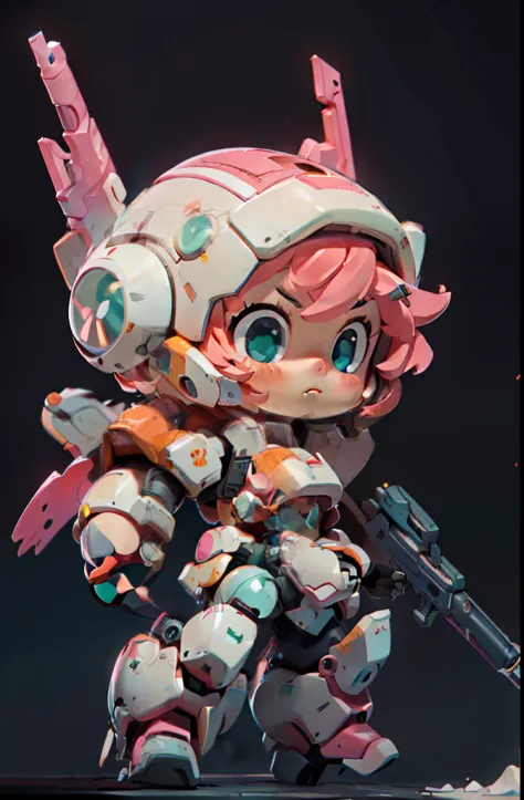 BJ_Cute_Mech,1girl,solo,blush,blue_eyes,holding,closed_mouth,standing,full_body,weapon,pink_hair,chibi,holding_weapon,armor,aqua...