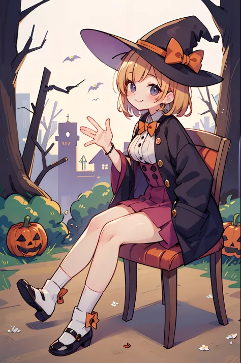 Cute Halloween Theme、full body Esbian、Eye Up、A smile、 wave her hand、Glamorous Hat、Halloween Accessories、Draw clothes buttons and pockets in a Halloween style、Cute shoes、high knee socks、breasts are large、sit a chair、Taken from the side