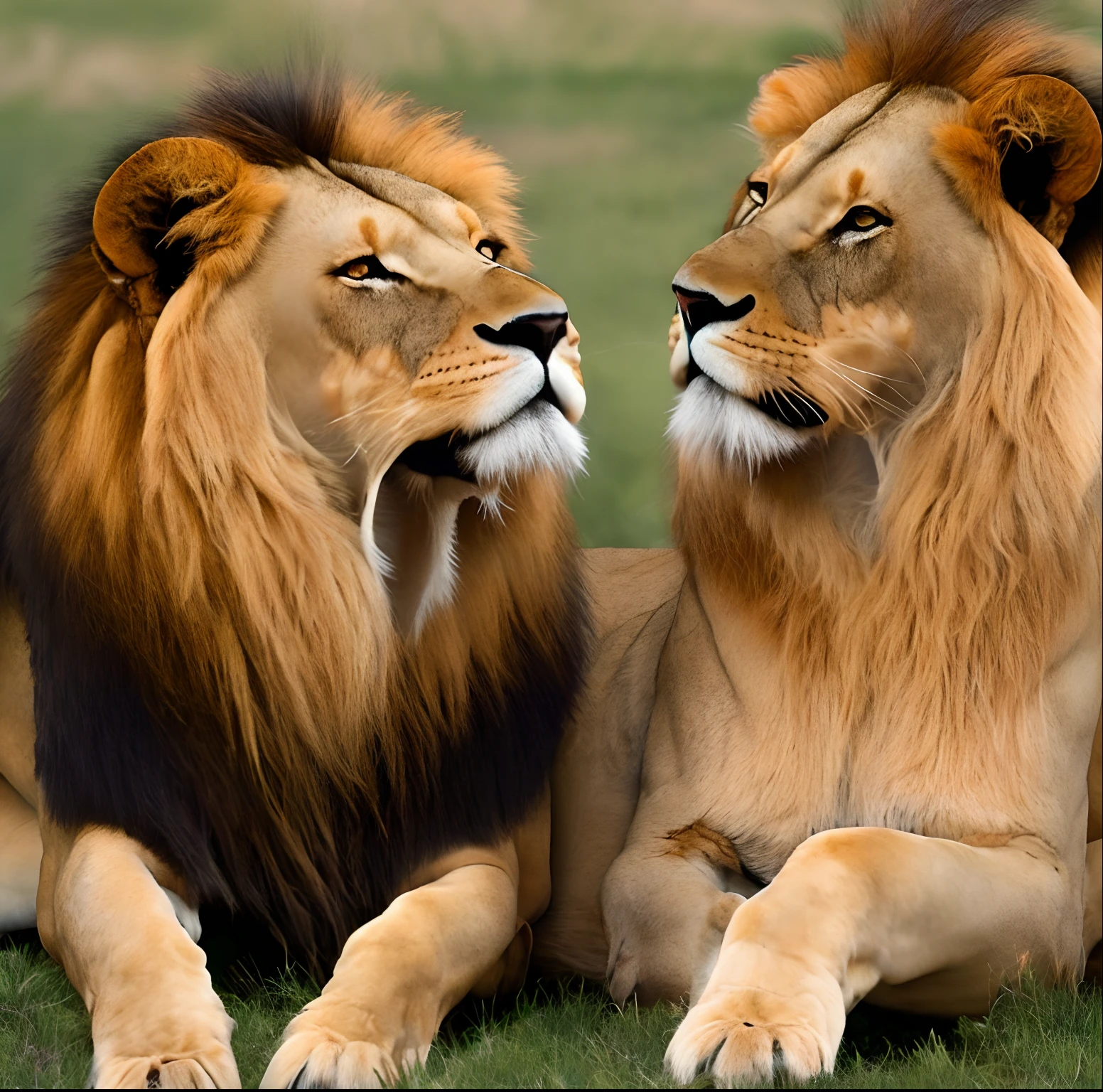 Two lions laying on the grass facing each other - SeaArt AI