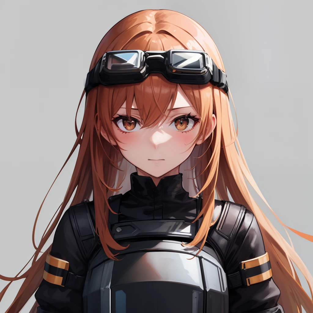 (masutepiece, Best Quality:1.2),Illustration,8K,hard disk,1girl in,Solo,Upper body,(Portrait:1.2),Twin-tailed,Brown hair,knee pad,Brown eyes,Long hair,long boots,Black Gloves,Black shorts,Black footwear,goggles on head,black thighhighs,scar across eye,