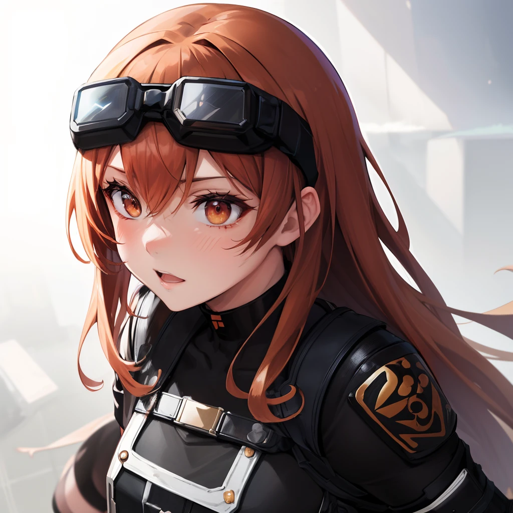 (masutepiece, Best Quality:1.2),Illustration,8K,hard disk,1girl in,Solo,Upper body,(Portrait:1.2),Twin-tailed,Brown hair,knee pad,Brown eyes,Long hair,long boots,Black Gloves,Black shorts,Black footwear,goggles on head,black thighhighs,scar across eye,