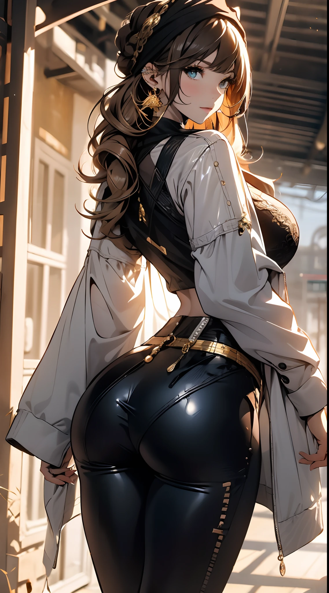 ((in a desert:1.5)), a matured woman with long hair and a white outfit, (resting in oasis:1.2, sitting:0.0), Arabic, Post apocalyps, from arknights, artwork in the style of guweiz, bodyesbian, fine details. girls frontline, beautiful anime illustration, from girls frontline, by Yang J, stunning, 26 years old, (solo:1.5), (sfw:1.25), sagging breast, large breasts, big , thin waist, big ass, Raised sexy, (dark mahogany medium long hair, updo, hair over one eye, asymmetric hair, Carly hair, low tied),(musulman, Headscarfs, hair bands, head vandage, Turban), (ultra high resolution, 8K RAW photo, photo realistics, weak outline:1.3, clear focus), best qualtiy, natural lighting, blurry back ground, field depth, (Bright pupils, detailed beautiful eyes, high detailed face), Red lip, looking at viewers, (tight focus:1.2, from above), sexy posing, seductive weak smiling, center image, (wearing white long jacket and clothes, wearing short pants, gold ornaments, white clothes rolling around waist, camel-brown long leather boots, translucent lace pantyhose), ((correct anatomy:1.5)), ((outdoor:1.2)),