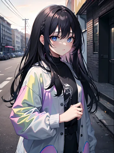 (masterpiece,best quality,ultra-detailed),1girl,long hair, black hair,rainbow print jacket,black shirt ,((grey theme)),((pastel colours theme)),in a park,sidewalk