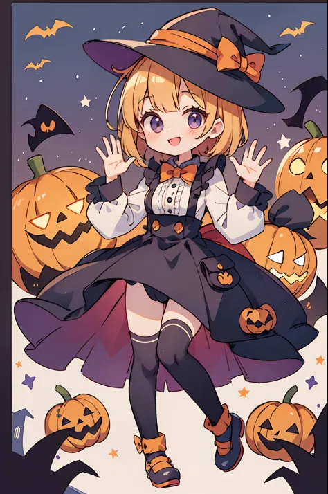 Cute Halloween Theme、full body Esbian、Eye Up、A smile、 Waving hands in a cute pose、Glamorous Hat、Halloween Accessories、Draw clothes buttons and pockets in a Halloween style、Cute shoes、high knee socks、breasts are large