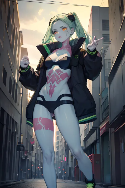 Rebecca, 1girll, Green hair, White skin, double tails, colored sclera, red sclera, Bra, Panties, Black jacket, Artificial eye, black sneaker shoes, Perfect anatomy, Solo, zombie, Multiple boys, crowd, Glowing eyes, Undead, Horror \(Theme\), Masterpiece, Be...