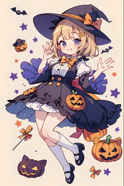 Cute Halloween Theme、full body Esbian、Eye Up、A smile、 Waving hands in a cute pose、Glamorous Hat、Halloween Accessories、Draw clothes buttons and pockets in a Halloween style、Cute shoes、high knee socks、breasts are large、Candy and sweets are scattered in the b...