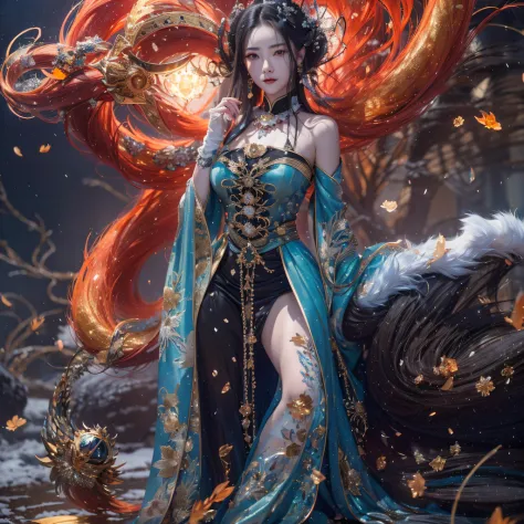 Fly the Nine-Tailed Light Blue Sky Division Flame Hairy Bear Star，Erotic，Torch Night Black Gold Orange Brocade Silk Snake Print ...