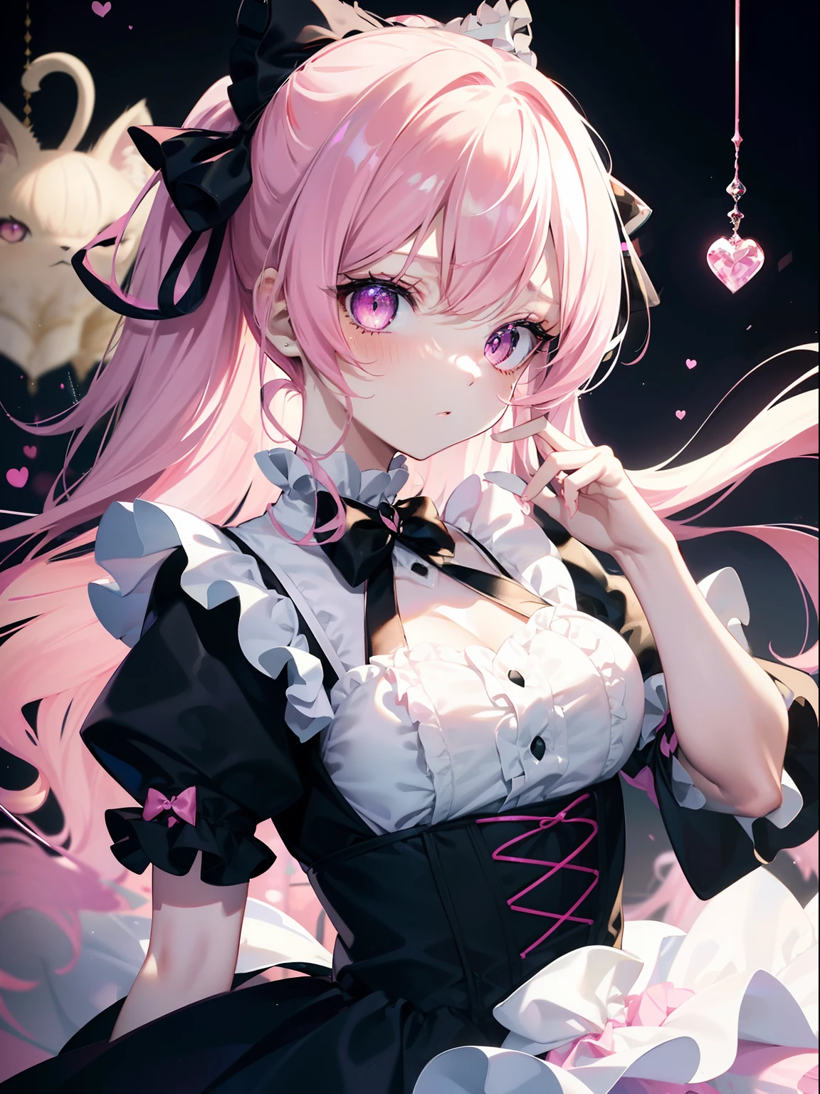 (masutepiece, Best Quality, Ultra High Resolution),1girl in,Pink ruffles, Ruffled dress, gothic dress,Twin-tailed,Bags under the eyes, sour look,pale skin,beautiful and detailed face, Detailed eyes,(white theme)，frilld，Holding a black cat，bow ribbon，Transparency，fluorescent，Sparkling eyes，Pink Neon Tube