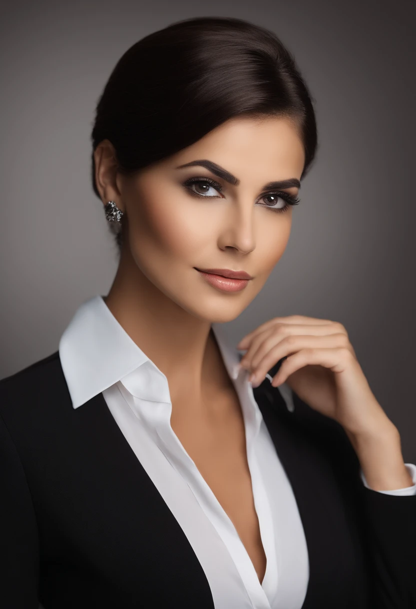 profissional, (10K Photo:1.1), High detail, wearing black business dress, Rosto bonito e detalhado, olhos castanhos claros, dark brown hair not too long, Forma do corpo, office boardroom with work desk, Windows