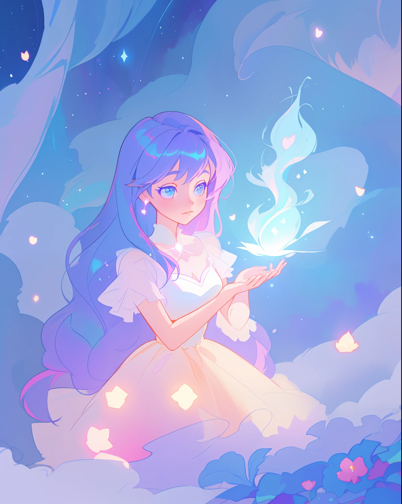 beautiful girl in puffy white ballgown, long dark hair, magical glowing blue lights coming from her hands, magical, whimsical, blue pink and purple colors, watercolor illustration, inspired by Glen Keane, inspired by Lois van Baarle, disney art style, by Lois van Baarle, glowing aura around her, by Glen Keane, jen bartel, glowing lights! digital painting, flowing glowing hair, glowing flowing hair, beautiful digital illustration, fantasia otherworldly landscape plants flowers, beautiful, masterpiece, best quality, anime disney style