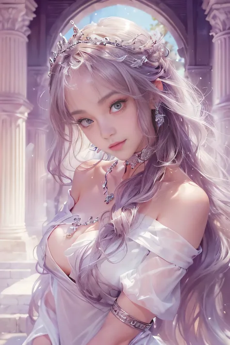 ((tmasterpiece:1.4)、(top-quality:1.4)、(reallistic:1.7))、By Luis Royo（By Luis Royo）Surreal portrait of a beautiful girl、Super beautiful girl、((1girl in:1.4))、Shiny natural skin texture、(The Queen's Gorgeous Costume)、(Off-the-shoulder white one-piece long ty...