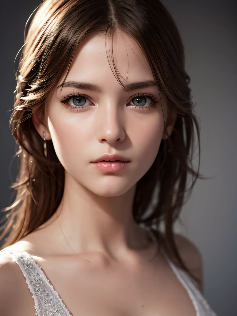 High quality, high resolution, masterpiece, sharp focus, photorealistic photos, RAW photos, cinematic lighting, photorealistic portraits of amazingly beautiful women without makeup, highly detailed light hazel eyes, detailed symmetrical realistic face, highly detailed natural textures, peach fluff, messy hair, very detailed, fine details, rich colors, ultra-realistic textures, Dramatic lighting, watching the viewer