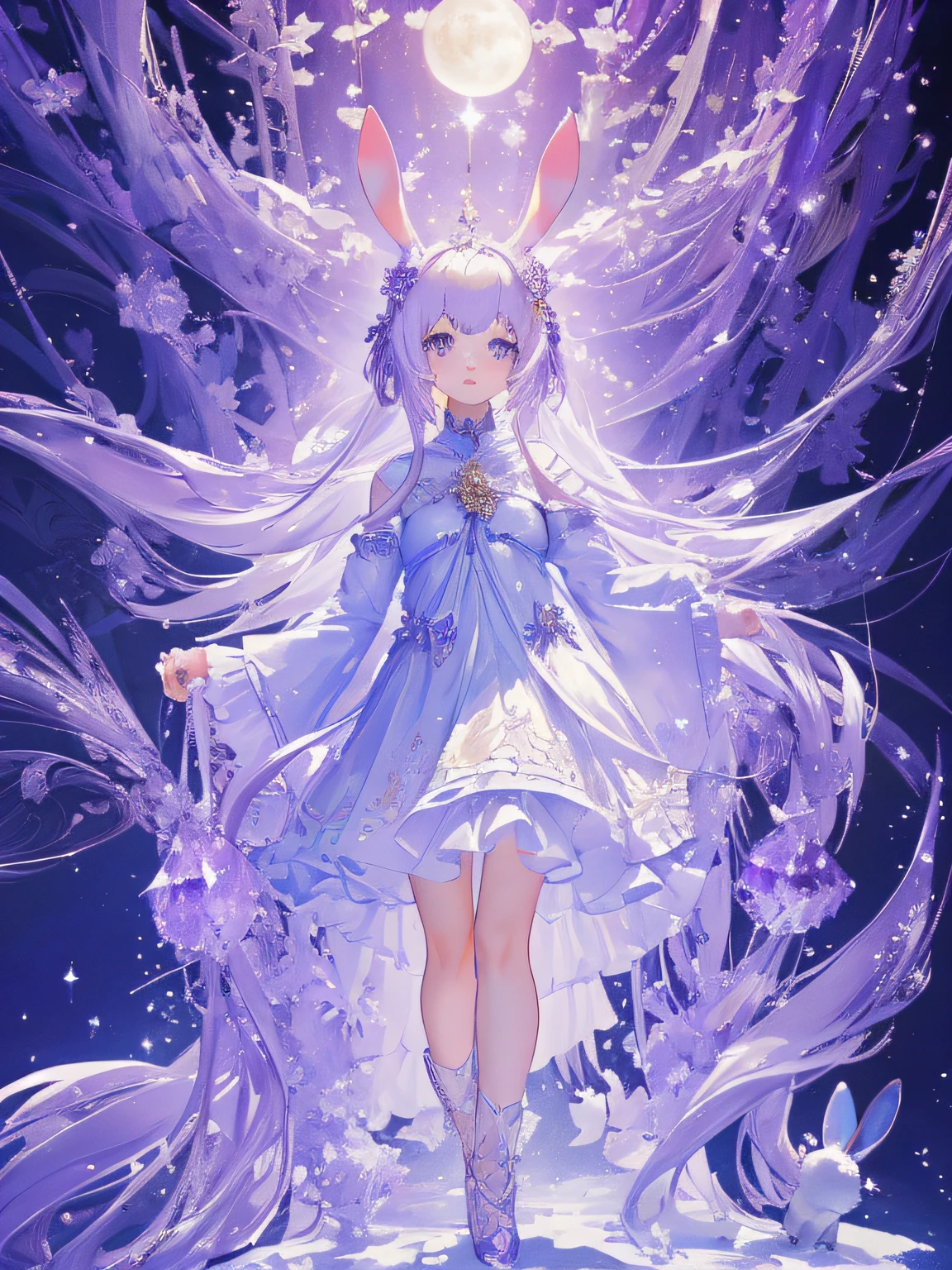 (​masterpiece、top-quality、top-quality、Official art、Beautifully Aesthetic:1.2)、Girl with the moon and rabbit ears　　(1girl in:1.2)、(Fractal Art:1.3)、　It's like a scene from a movie where it snows　Studded sequins　Holding an amethyst crystal in both hands　Curled fluffy permagirl