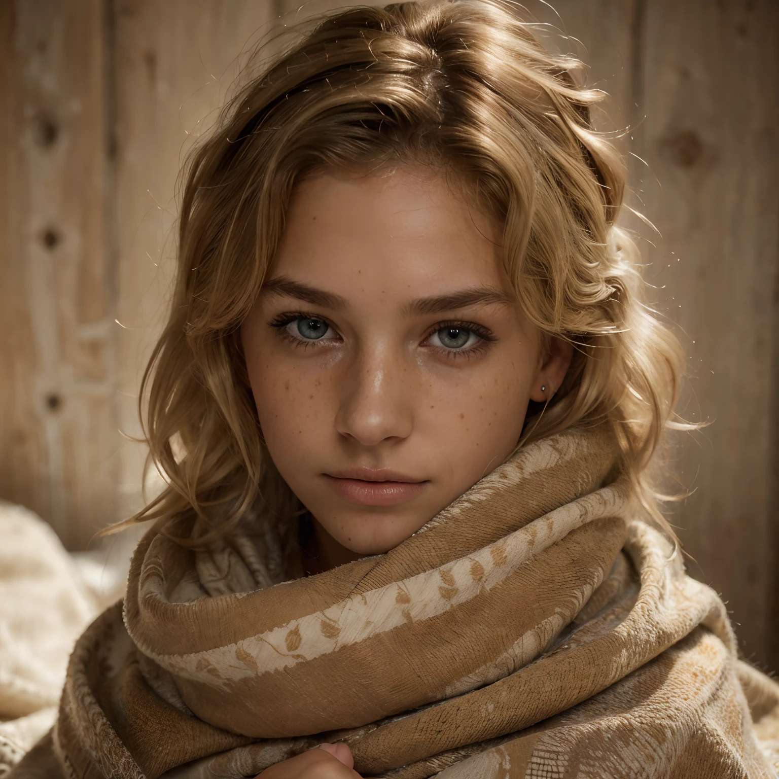 8K,Best quality, masterpiece, ultra high res, (photorealistic:1.3), (Authentic skin texture:1.3), (film grain:1.2),1 woman, 25 year old, fit body, messy hairstyle, blonde hair, freckles, beautiful detailed eyes and face,masterpiece, best quality,wearing, curled up in cozy blanket