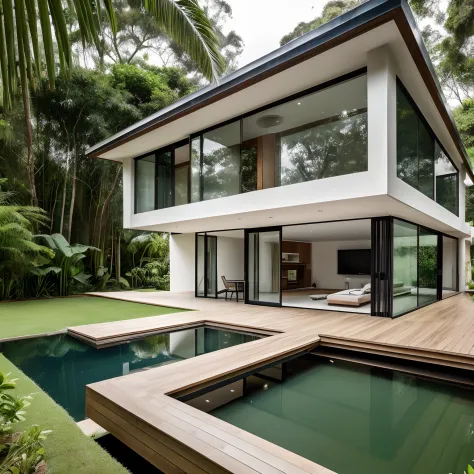Uma casa moderna de concreto na floresta tropical, Next to a pond with lots of aquatic plants