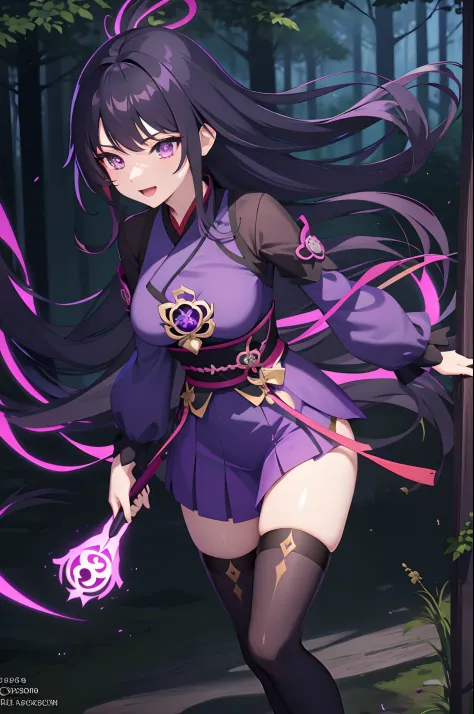 anime girl in a purple and black outfit standing in front of a forest, keqing from genshin impact, zhongli from genshin impact, heise jinyao, ayaka genshin impact, anime moe artstyle, black - haired mage, demon slayer rui fanart, ayaka game genshin impact,...