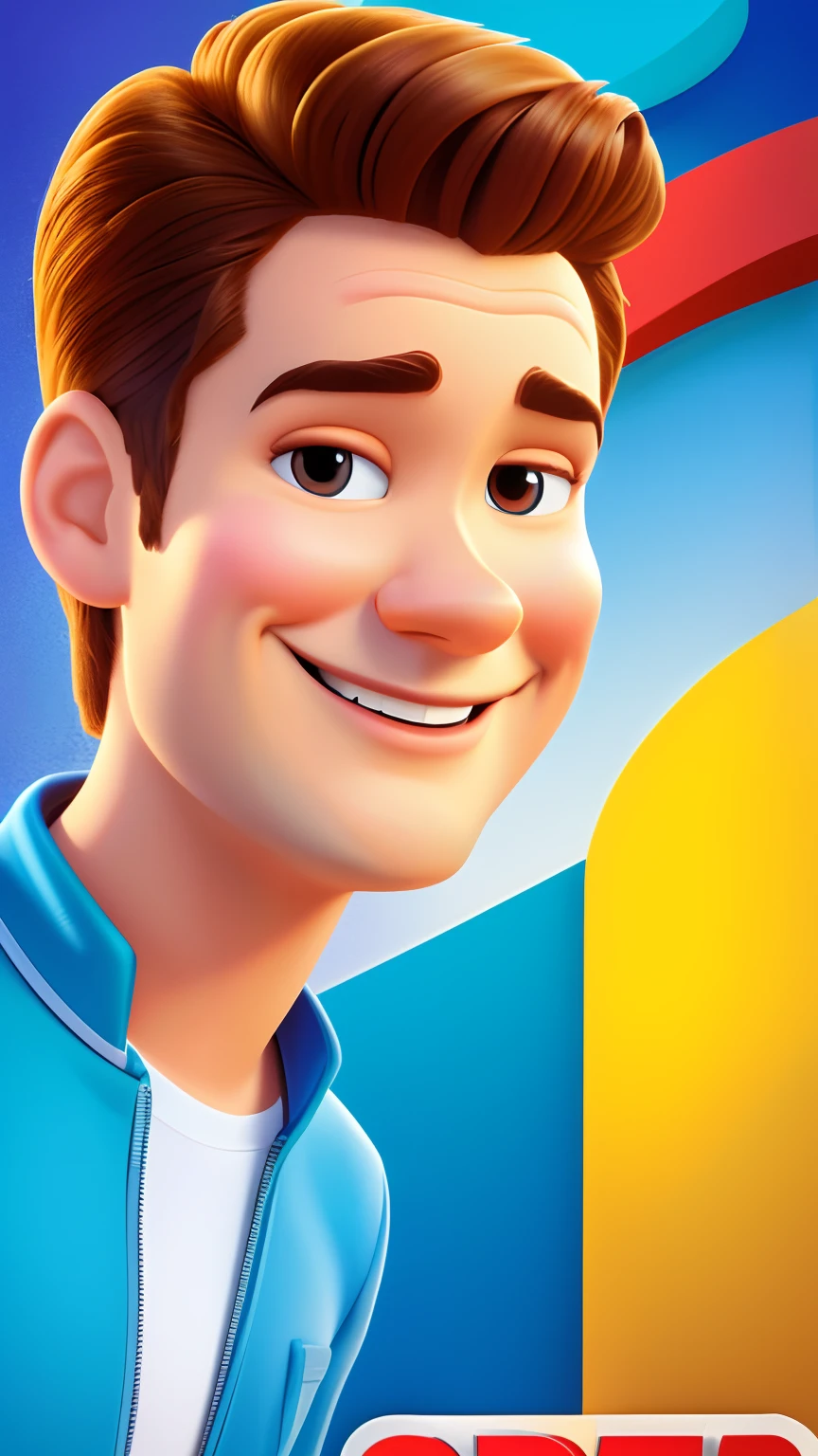 Disney Pixar style 3D rendering poster with happy and adorable man smiling, alto, magro, branco com cabelos castanhos escuros ondulados, Nariz em estilo romano.  Disney Pixar Cartoon Style Children's Animation, personagens Pixar, personagens desenho animado