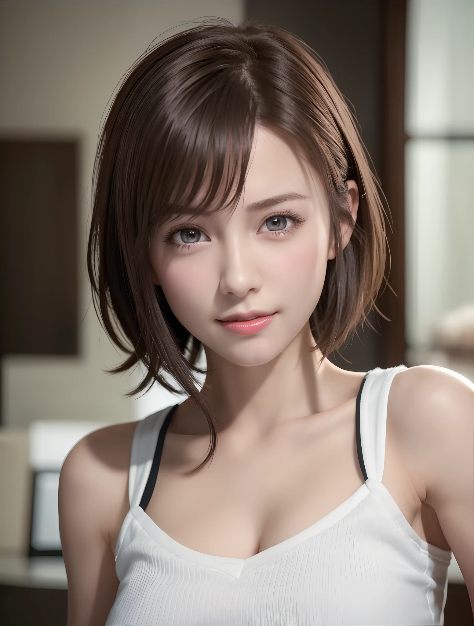 Best Quality, Ultra High Resolution, (Photorealistic: 1.4), Beautiful Eyes, Super Beautiful, Very Short Hair, Beautiful, Sweetheart, T-shirt with Rough Chest, Beautiful Soldier, Eyes That Invite Viewer, Lover's Perspective, Inviting Expression, Sexy Smile, Perfect Style, Perfect Balance, Detailed Skin, Naughty Gaze, Chest Visible