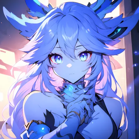 1girl, [hybrid half human half dragon form], glowing blue eyes, short wavy white hair, scaly skin