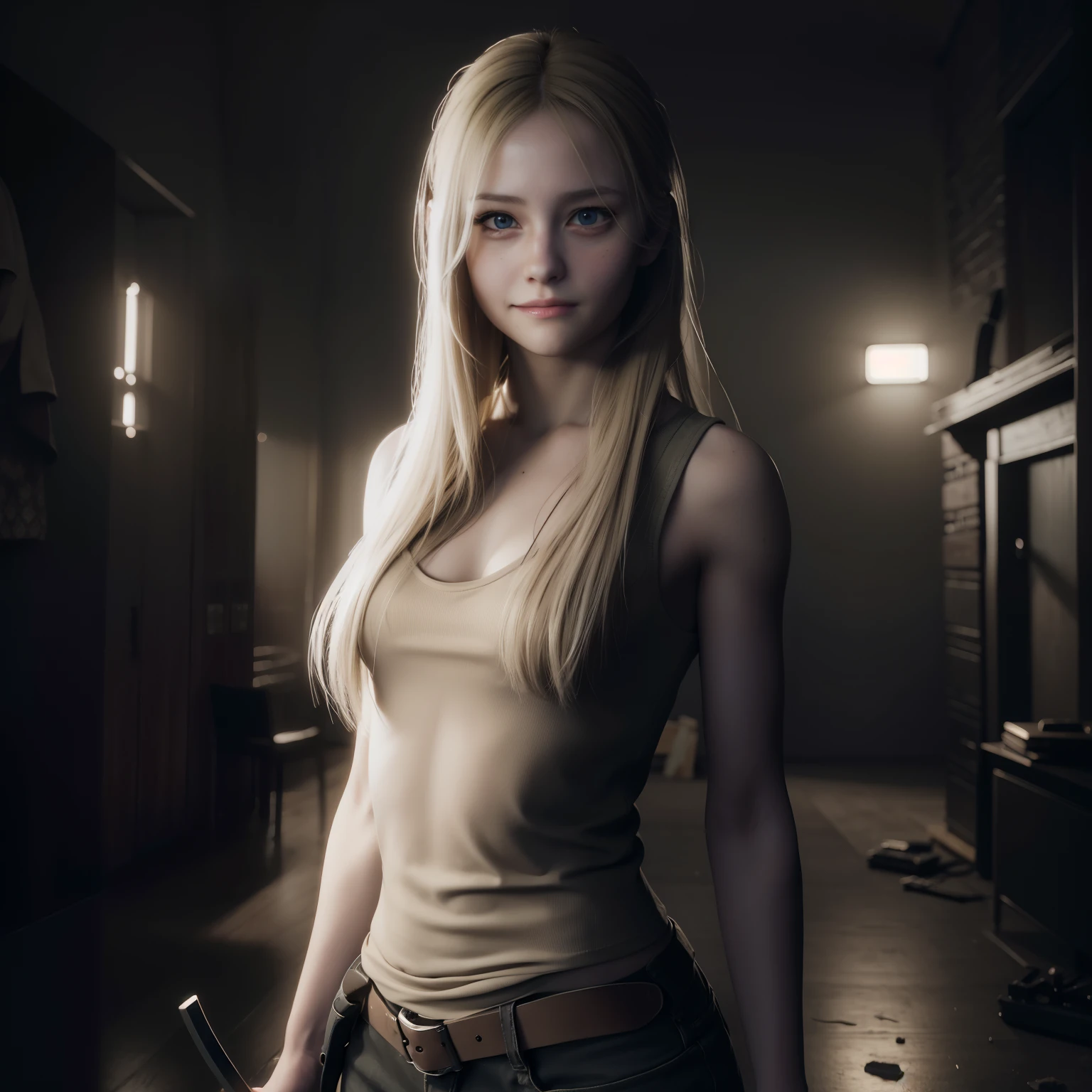 Best quality, photorealistic , little smile, long blonde hair, white tanktop, holding a weapon, glare expression, by unreal engine