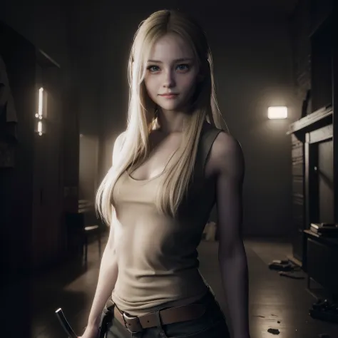 best quality, photorealistic , little smile, long blonde hair, white tanktop, holding a weapon, glare expression, by unreal engi...