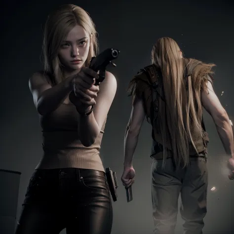 best quality, photorealistic , long blonde hair, white tanktop, brown tight jeans, holding a weapon, glare expression, by unreal...