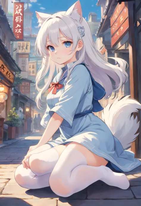 No shoes，Stand barefoot，masterpiece，Long white hair，，In the city，Full limbs，loli，The face is delicate，white color hair，double ponytail curls，blue color eyes，White Lolita，Long-range shots，white stockings，There are cat ears on the head, robe blanche， silber ...