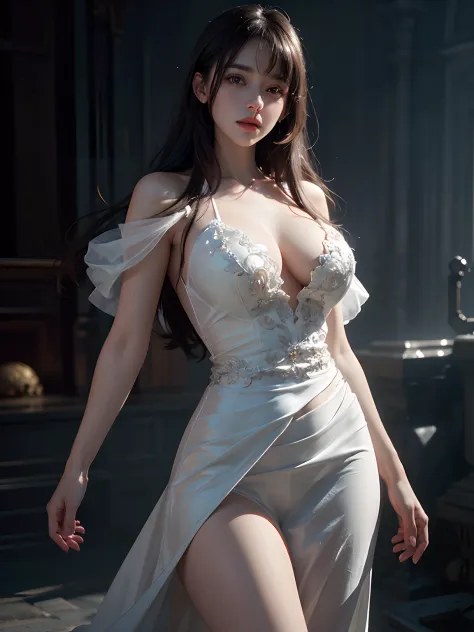 1 beautiful girl, long white-haired with bangs, cute and timid, intricate ornaments, big breasts, white thighs, white dress, dynamic pose, realistic, looking at the camera,  grim surroundings, cinematic lighting, trending on ArtStation, by Irakli Nadar, Gr...