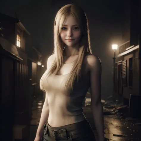 best quality, little smile, long blonde hair, white tanktop, brown tight jeans, shy expression, by unreal engine