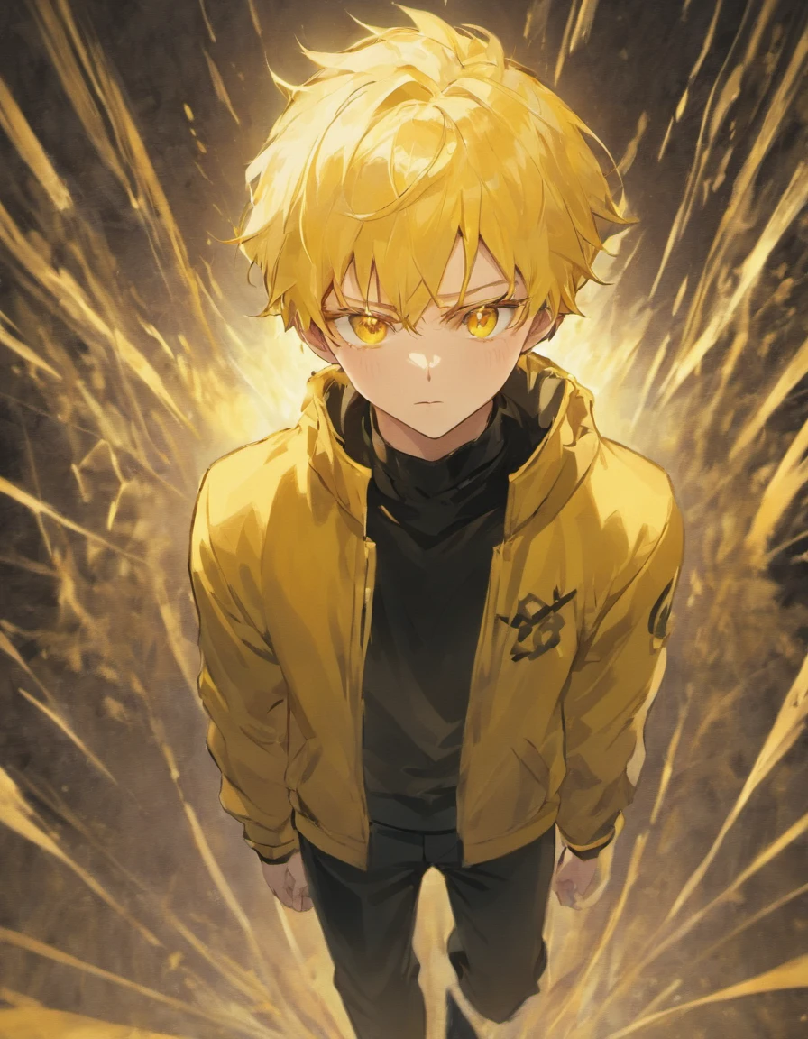 Yellow hair, golden eyes, black pants, yellow tunic Male