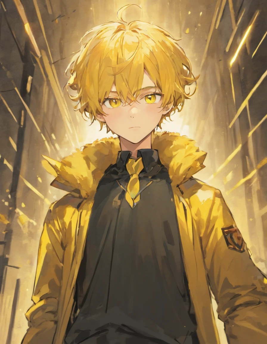 Yellow hair, golden eyes, black pants, yellow coat, male high school student