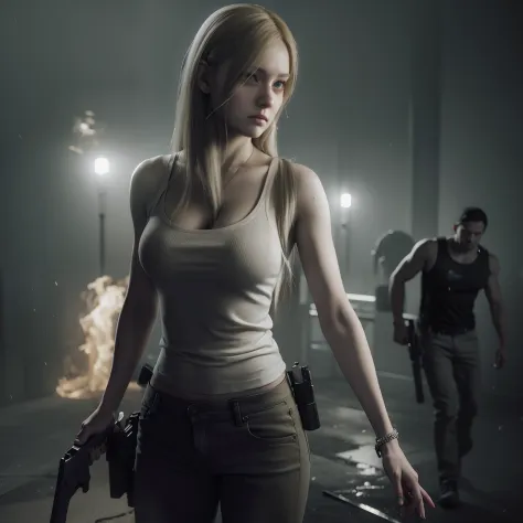 best quality, long blonde hair, white tanktop, brown tight jeans, holding a gun, glare expression, by unreal engine