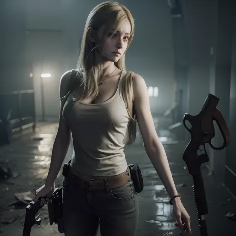 best quality, long blonde hair, white tanktop dirty, brown tight jeans, holding a gun, glare expression, by unreal engine