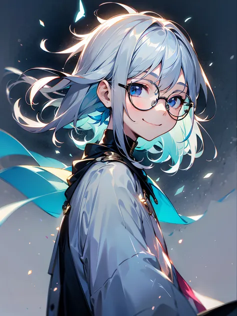 (Male child, eye glasses,blue eyess，A smile, silber hair) - SeaArt AI