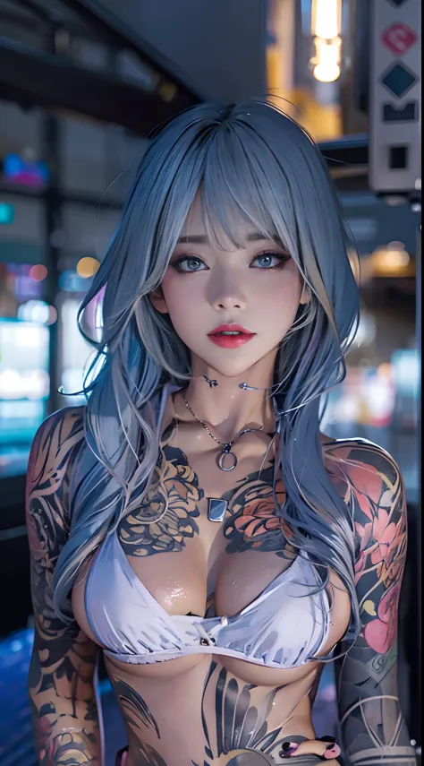 (Digital artwork for film: 1.3), High quality, masutepiece, of the highest quality, Super detail, illustration, Lots of tattoos，[4K digital art]、(Moody lighting:1.2), depth of fields, Bokeh, 4K, NFFSW. By masterpiece, Best quality, Night, 1 woman, gals、Lig...