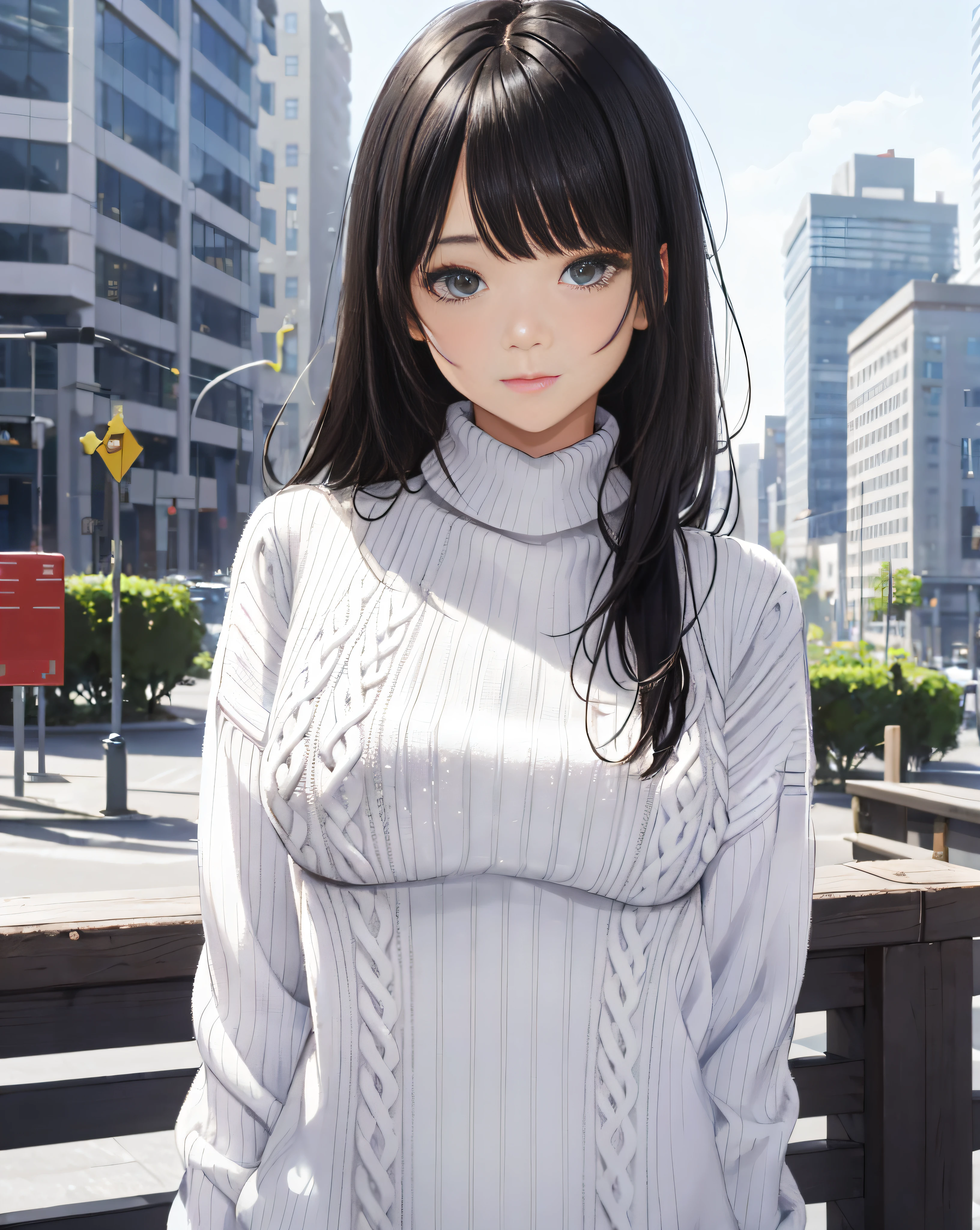 pureerosface_v1, best quality, photorealistic, 8k, high res, 1girl, woman, (skindentation), (portrait:0.6), ((cityscapebackground:1.6, smallsize round breast, highneck sweater:1.5)), straight-looking at viewer:1.8, (1girl eyes looking at viewer:1.45, medium-length hair, blackhair, partedbangs:1.15), photorealistic, (bokeh),