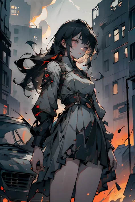 (best quality, ultra-detailed, realistic:1.37) (1 girl) standing on the roof of a car, wearing a torn and dirty dress, with beautiful detailed eyes and face, long eyelashes, and beautiful detailed lips, gazes at a completely destroyed city in the distance....