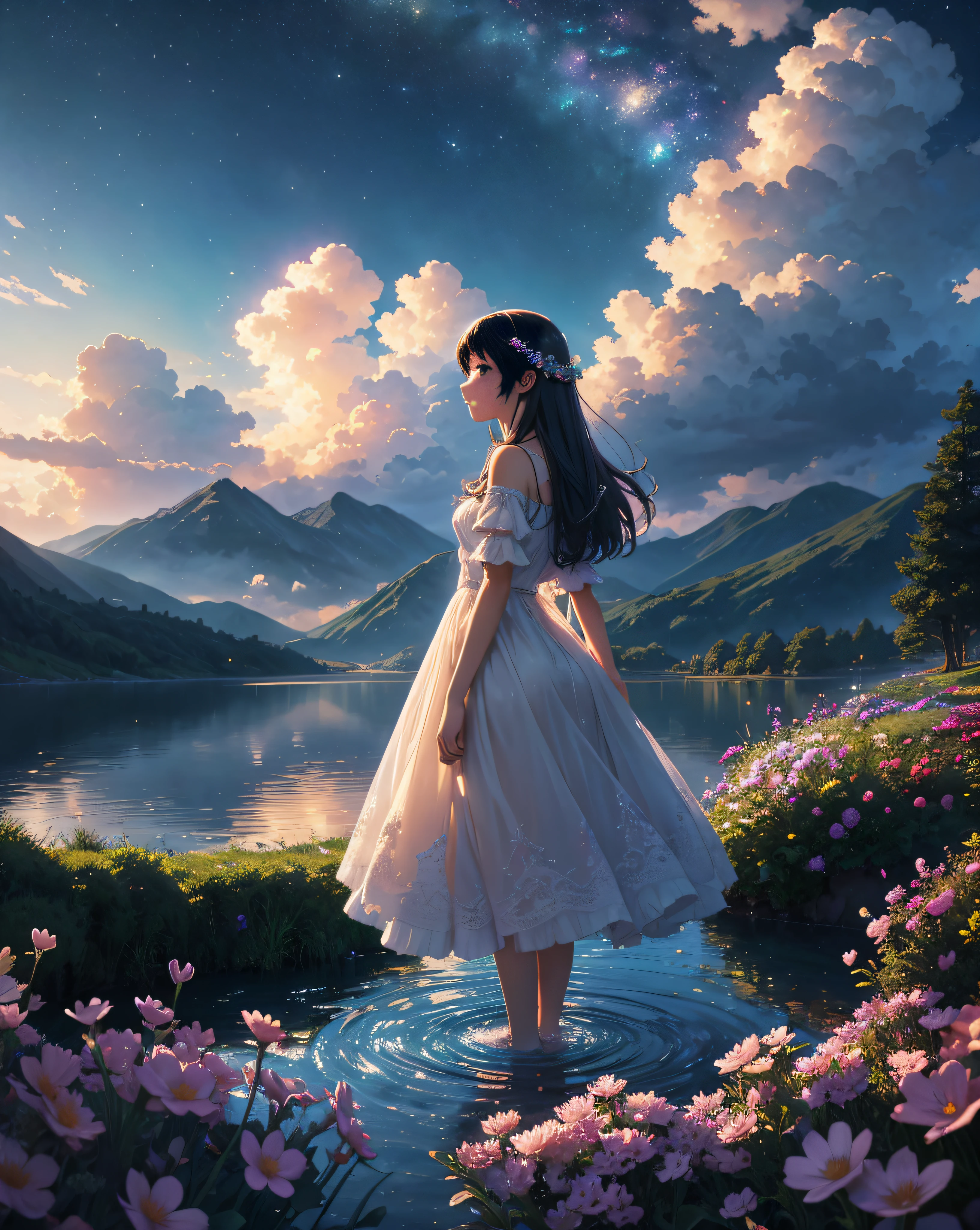 Beautiful princess 13-year-old Eleonora Pavinato、Wearing a dress watering the colorful flowers of the planet. Background, Mountainous landscape in pastel tones. The lighting is soft and dreamy. 3D rendering quality is、Very detailed and realistic in 8K resolution.", eye, close up, Beautiful night sky, meteor shower, Beyond the Clouds, Surrounded by water, pondering, wide angel, Breathtaking clouds, wide angles, by makoto shinkai, tomas kinkade, James Gilead, Achieve scenery with holographic sleep, nffsw, voluminetric lighting, Ray tracing, intricate complexity, high details, Very detailed, Deviant art, 4k vertical wallpaper,, Colorful, airy, Anime Illustration, anime nature wallpaper