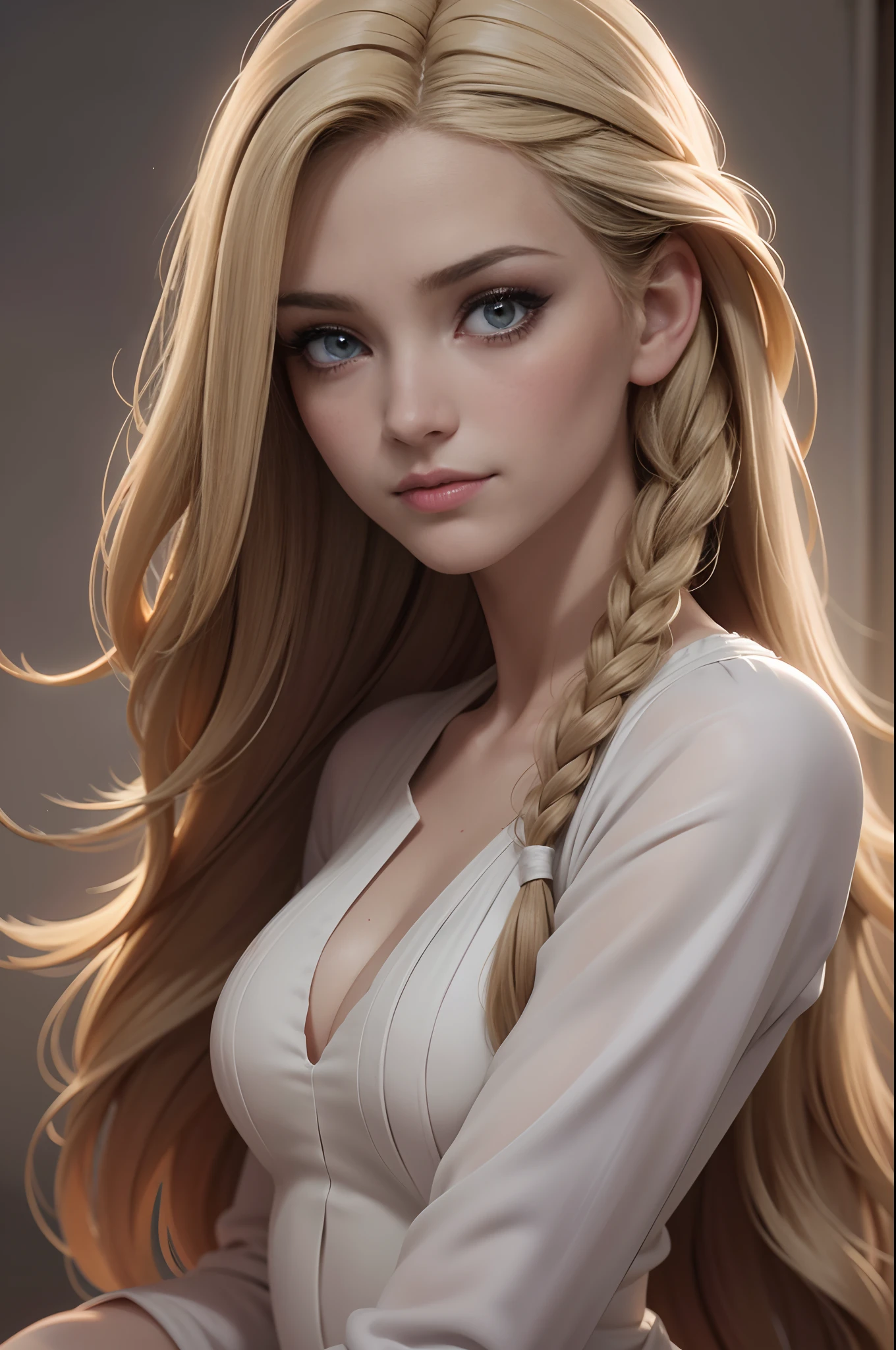 (Foto RAW, best quality), ((nostalgia,Cile nos anos 1980)),(Girl in a literary atmosphere:1.2),(Realistic, Fotorrealista:1.3), (peitos enormes:1.6), (Long wavy blonde hair in braids), uma loira, Gargantilha,very pale skin,face hiperdetalhada, Detailed lips, Batom Preto, Olhos Finos, double eyelids, tight gothic clothes, extremamente delicado e bonito, Amazing, detalhe fino, masutepiece, ultra-detalhado, alta resolução,best illustration, Melhor sombra,Complicado,profundidade de campos,(Retrato de closeup de uma mulher bonita jovem:1.2),cabelos longos,hair messy,((((discreto,cena escura,O escurecimento)))),(((soft lighting:1.4))),(pale skin:1.4),(Shy smile),(cinematic angle),foco nítido, volumetric fog, 8k UHD, Digital SLR, alta qualidade,( filmic grain:1.4), fujifilmXT3,(Olhando para o Viewer), pale skin, tiro de corpo inteiro