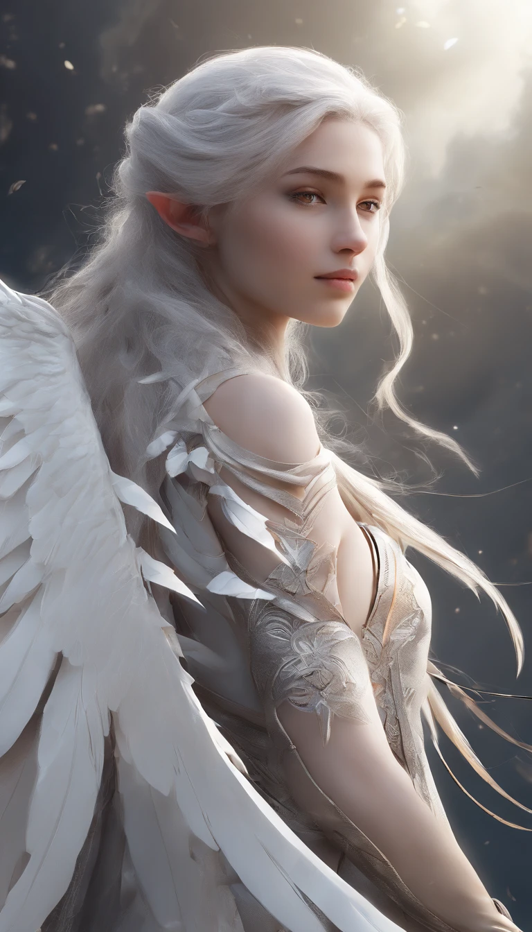 It flies lightly, Holy,White Elves, long ear,white wings on back,shining brightly, The whole body is in the frame, Against the background of colored sky, RAW photo, Hyper-realistic, remote, product-view, ArtStation Trends,Super high quality, Digital art, Delicate and delicate, 4K, Soft lighting, Dreamy, Ethereal, Unreal Engine rendering, 8K  UHD, hdr, High quality, Ultra detailed, filmgrain.