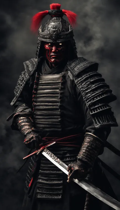 (Best quality,4K,8K,A high resolution,Masterpiece:1.2),Ultra-detailed,(Realistic,Photorealistic,photo-realistic:1.37),Feudal Japanese samurai of the Warring States period, Wearing a full suit of samurai armor, Wearing a black samurai mask, Wielding a sharp...