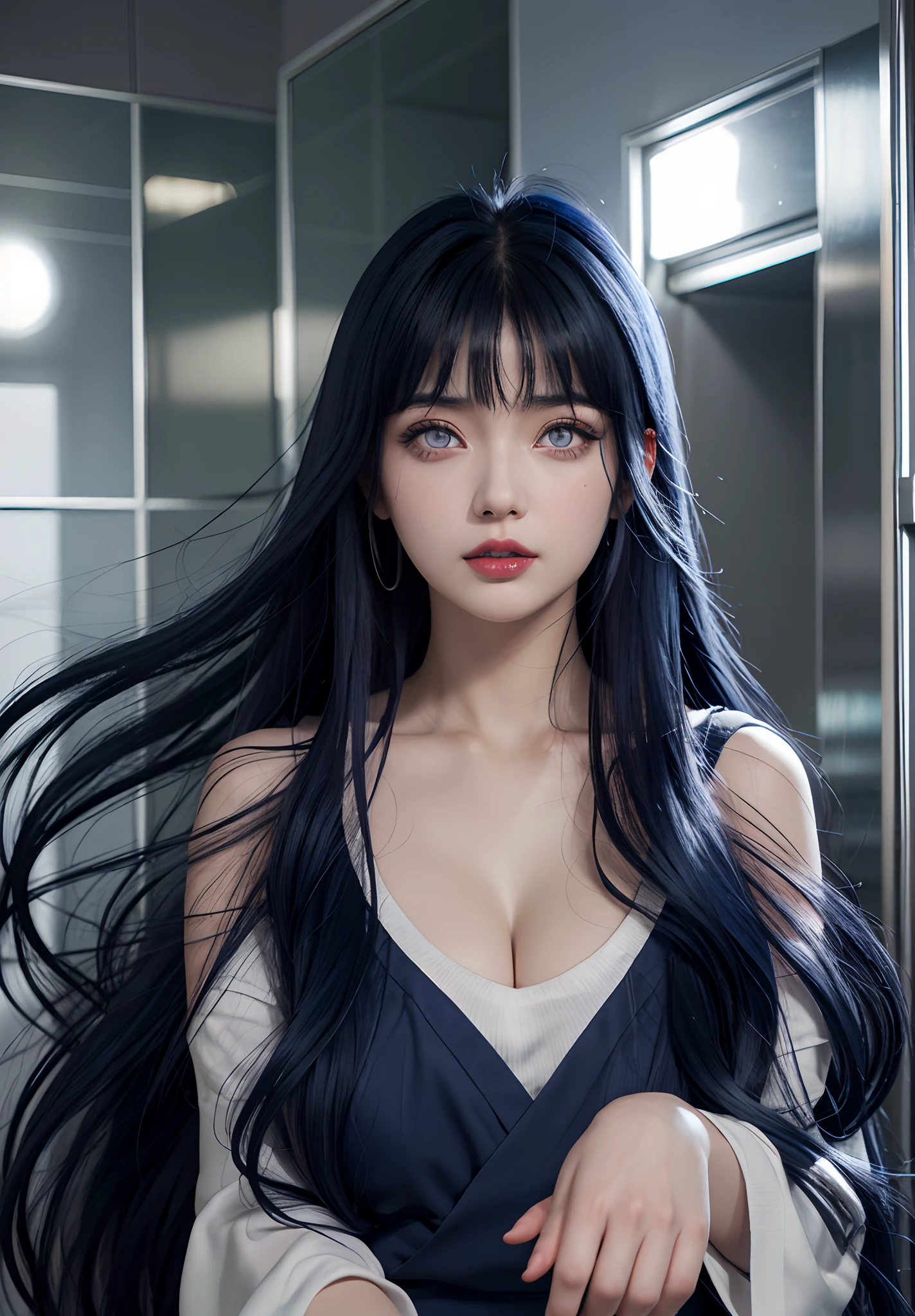 a close up of a person with long hair, hinata hyuga, hinata hyuga from naruto, from naruto, as an anime character, perfect anime face, she has dark blue hair with bangs, female anime character, anime character, anime best girl, hime cut hairstyle, dark blue hair, (soft red glossy lips:1.3), light purple eyes, big breasts, realistic, ultra detail, indoor background, princess