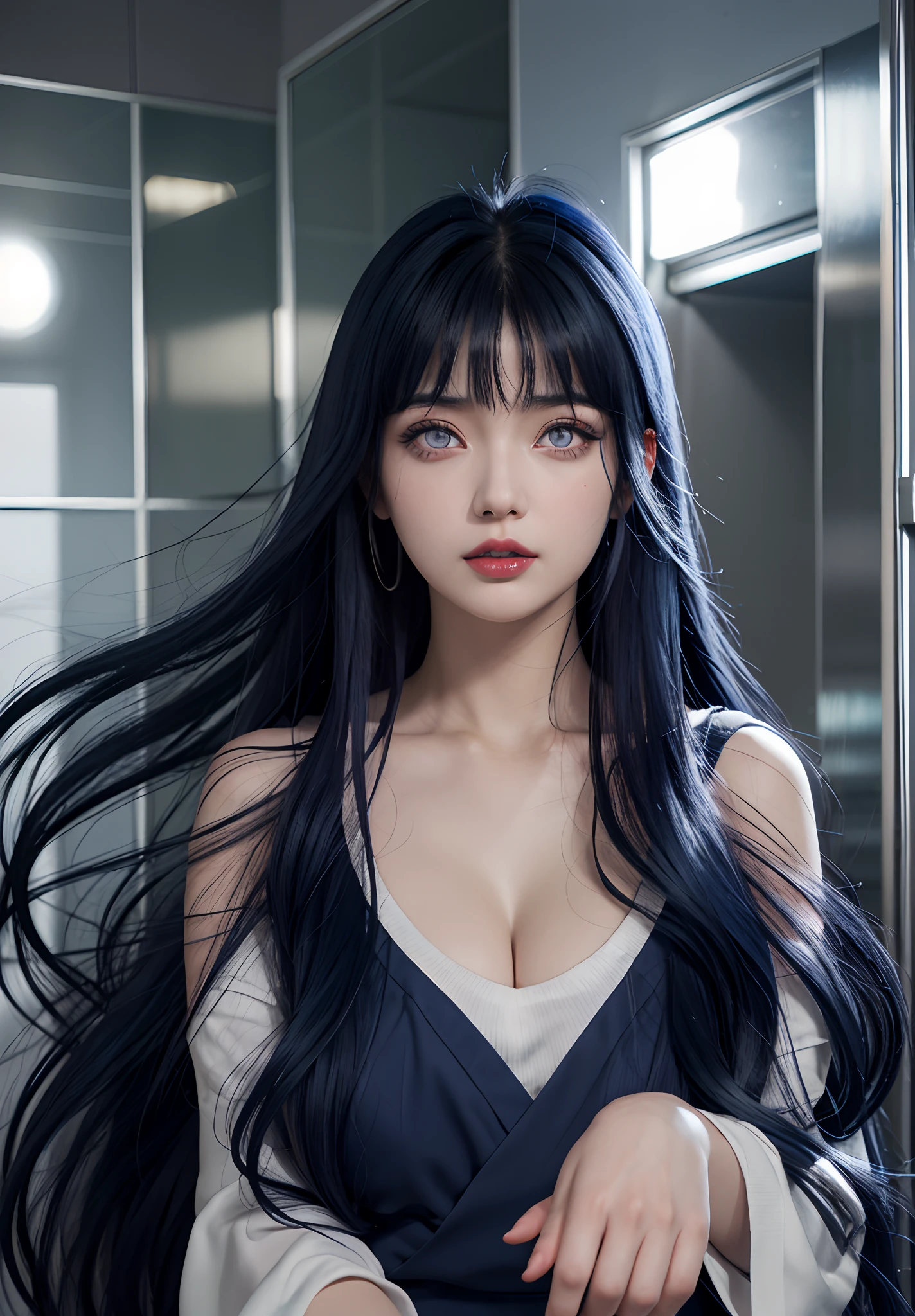 eine Nahaufnahme einer Person mit langen Haaren, Hinata Hyuga, Hinata Hyuga von naruto, von naruto, as an Anime-Figur, perfektes Anime-Gesicht, she has dunkelblaue Haare with bangs, female Anime-Figur, Anime-Figur, Anime Bestes Mädchen, Hime-Cut-Frisur, dunkelblaue Haare, (zarte rote glänzende Lippen:1.3), hellviolette Augen, Große Brüste, Realistisch, Ultra-Detail, innenhintergrund, Prinzessin