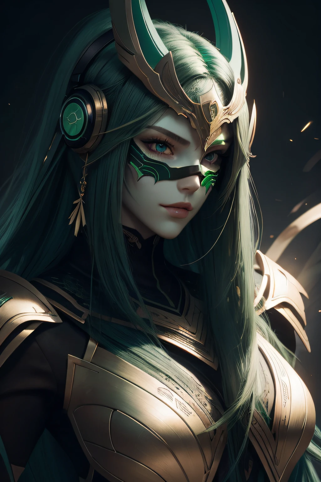 girl with long green hair, green eyes, futuristic vibes, mask on mouth, headphones, 8k, high quality, simple background, glowing eyes, nice pose