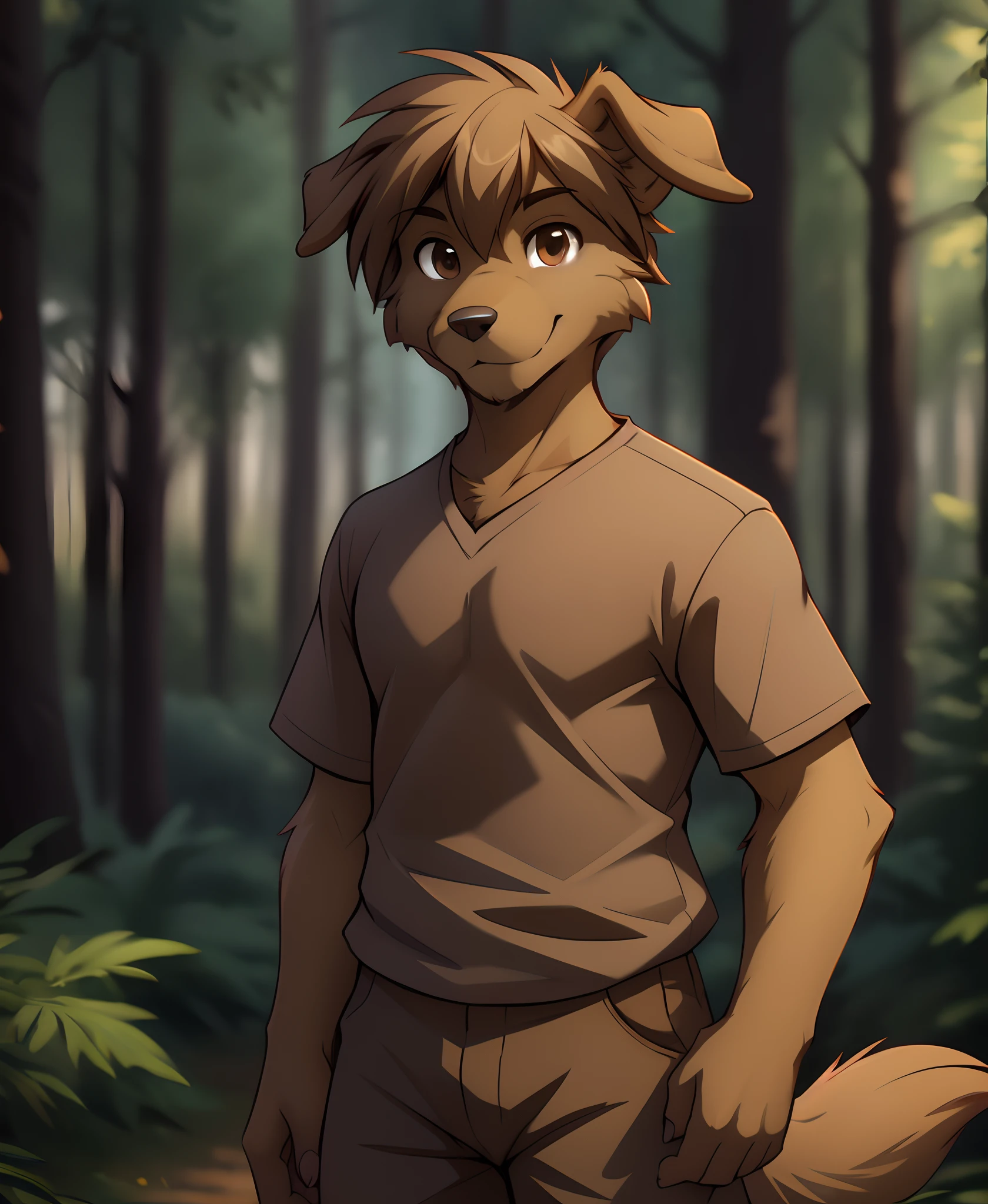 evals-twokinds, twokinds, by tom_fischbach,, (best quality, masterpiece:1), solo, furry male anthro, brown eyes, short hair, brown hair, portrait, fingers, finger claws, looking at viewer, wolf , dog tail, floppy ears (outdoors dark forest trees blurry blurred background:1.1), brown shirt, brown pants