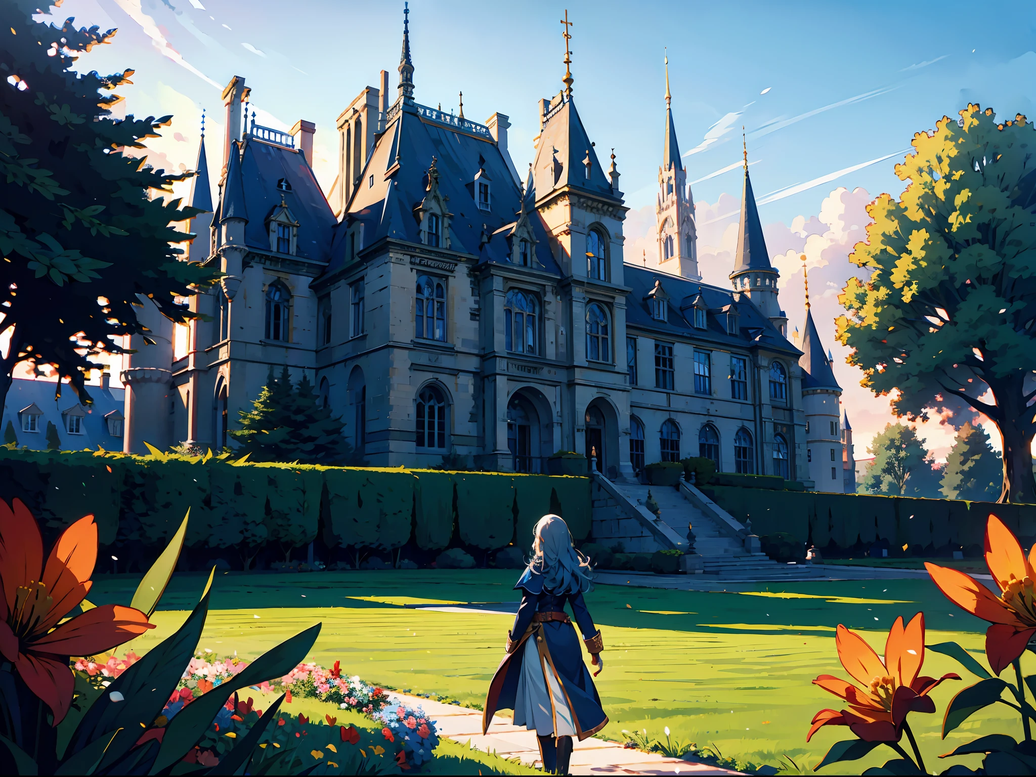 magical academy, castle, large building, blue roof, golden hour, grass, garden and flowers