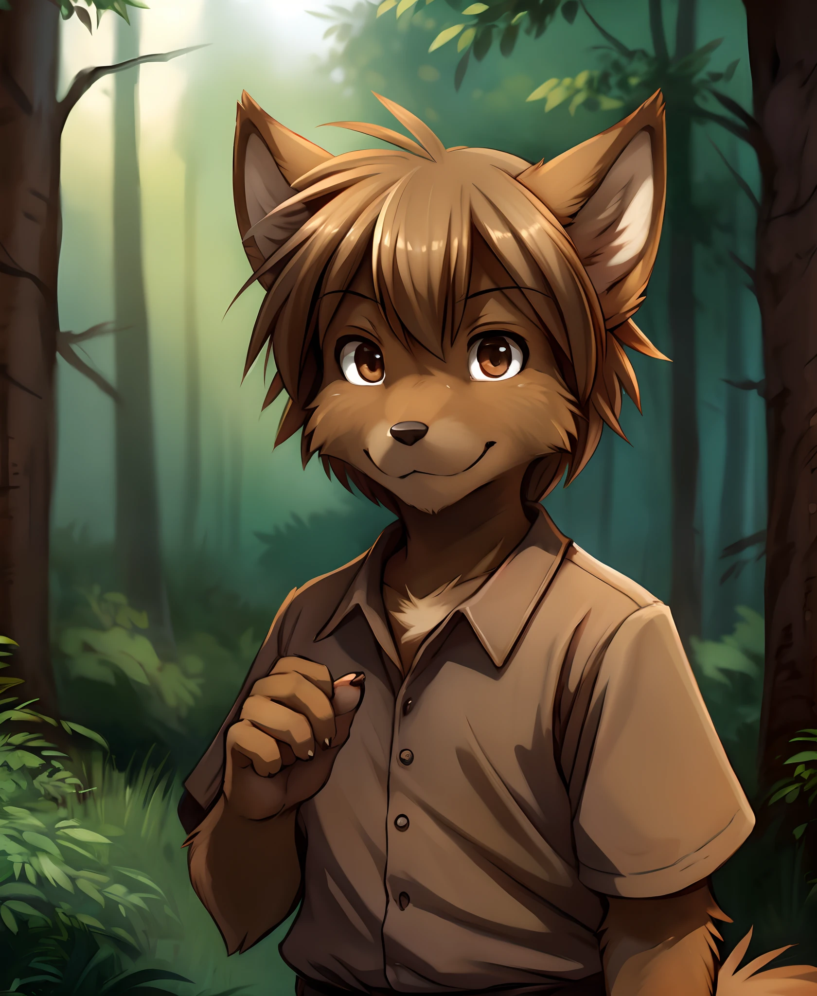 by dagasi, (by carrot:0.6), (by silverfox5213), by castitas, by tsukune minaga, (by manmosu marimo:0.6), by kenket,, evals-twokinds, twokinds, by tom_fischbach,, (best quality, masterpiece:1), solo, furry male anthro, brown eyes, short hair, brown hair, portrait, fingers, finger claws, looking at viewer, wolf , dog tail, floppy ears (outdoors dark forest trees blurry blurred background:1.1), brown shirt, brown pants