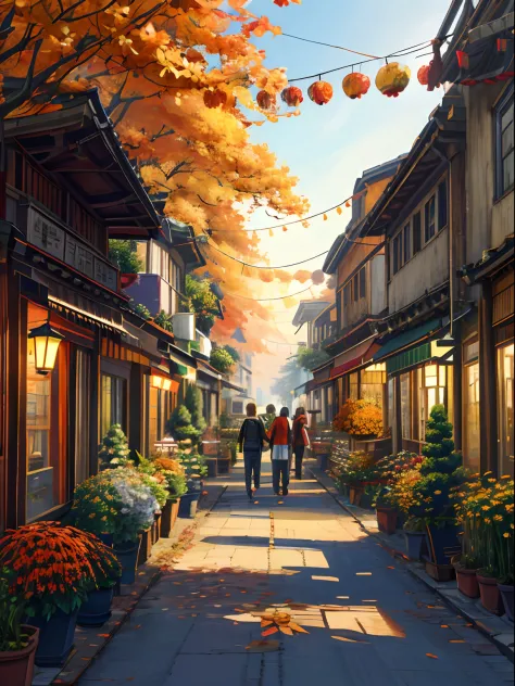 Countryside Street, Potted plants, flower,Oriental design, Autumn ,Harvest Festival,Autumn Leaves Digital Painting, wind,Concept art, Illustration, Convoluted, Many people, Lamp Post Light, Happy, Daytime in autumn, flower, Plants ((Tileset))