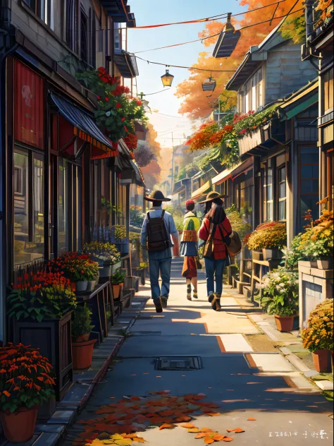 Countryside Street, Potted plants, flower,Oriental design, Autumn ,Harvest Festival,Autumn Leaves Digital Painting, wind,Concept art, Illustration, Convoluted, Many people, Lamp Post Light, Happy, Daytime in autumn, flower, Plants ((Tileset))